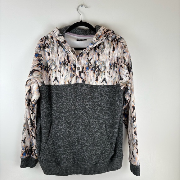 HOOEY Aztec Hoodie Mens Large Pullover Sweatshirt Gray Kangaroo Pockets Buttons - Picture 1 of 13